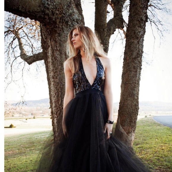 Halter Backless Tulle Dress With Sequins - Picture 1 of 3